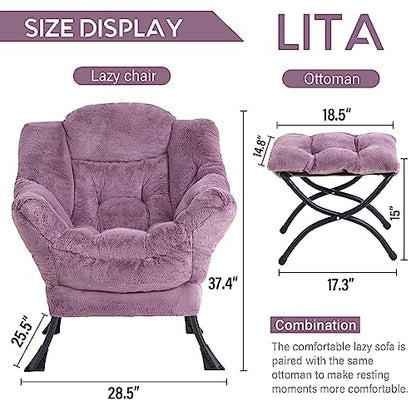 Lazy Chair with Ottoman, Comfy Accent Reading Chair, Plush Purple | Foldable Footrest,Removable Cover,with Armrests and Side Pockets,Upholstered Lounge Chair for Bedroom,Dorm,Office,Small Space - color: Plush Purple