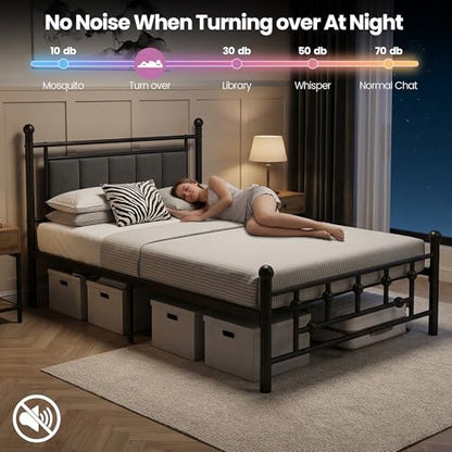 Velvet Upholstered Twin Bed Frame with Headboard | 14-inch Underbed Storage, 13 Metal Slats, 9 Support Legs, Noise-dampening Strips, No Box Spring Needed - size: Twin