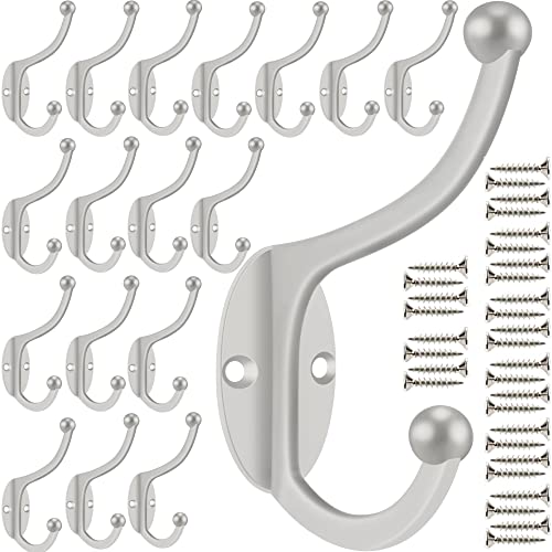 ZEYU Wall Hooks, 20Pcs Coat Hooks Hardware Towel Hooks for Hanging Coats Double No Rust Black Robe Hooks Wall Mounted with Screws for Key, Towel, Bags, Cup, Hat - color: 20Pcs Silvery