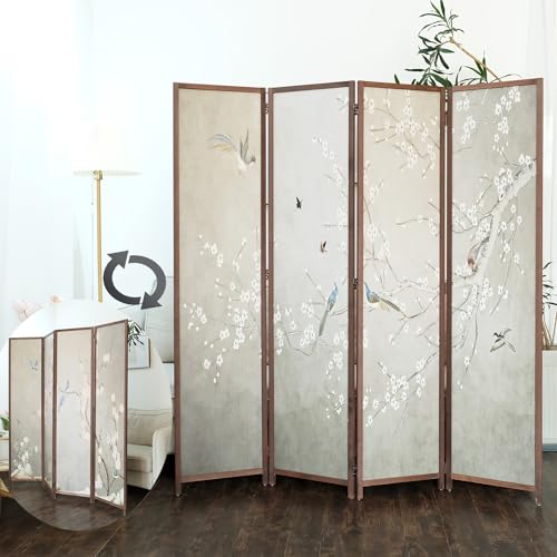 4 Panel Room Divider, 5.6 ft Tall Double-Sided Blackout Folding Privacy Screen – Freestanding Wall Partition with Plums and Birds Scenery for Home Office, Easy Setup (67" H x 63" W) - color: Plums and Birds, size: 4 Panel