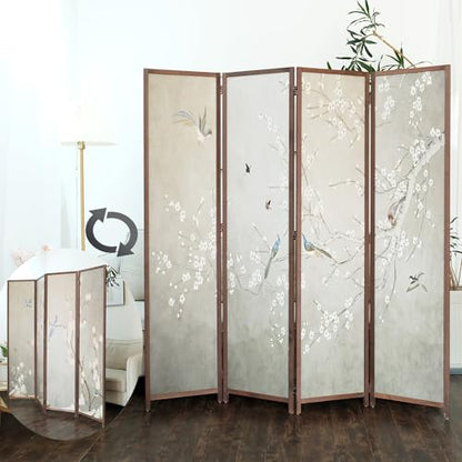 4 Panel Room Divider, 5.6 ft Tall Double-Sided Blackout Folding Privacy Screen – Freestanding Wall Partition with Plums and Birds Scenery for Home Office, Easy Setup (67" H x 63" W) - color: Plums and Birds, size: 4 Panel