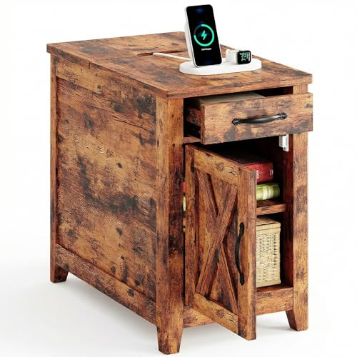 IRONCK End Table with Charging Station, Narrow Side Table, Vintage Brown | Bedside table. Farmhouse nightstand with drawer, cabinet, flip-top, and cup holder, wood grain, for home - color: Vintage Brown