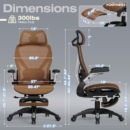 X100 Ergonomic Mesh Office Chair with Footrest, Big and Tall Home Desk Chair with 5D Flip-Up Arms, Adjustable 3D Lumbar Support, Gaming & Executive Computer Chair (Tangerine Burst) - color: Tangerine Burst