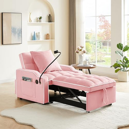 Eafurn Velvet Convertible Sleeper Chair Bed with USB Port & Phone Holder, 3-in-1 Pull Out Sofa Bed Chair, Multi-Functional Chair Bed with Adjustable Backrest & Side Pockets - color: Pink 33.85"