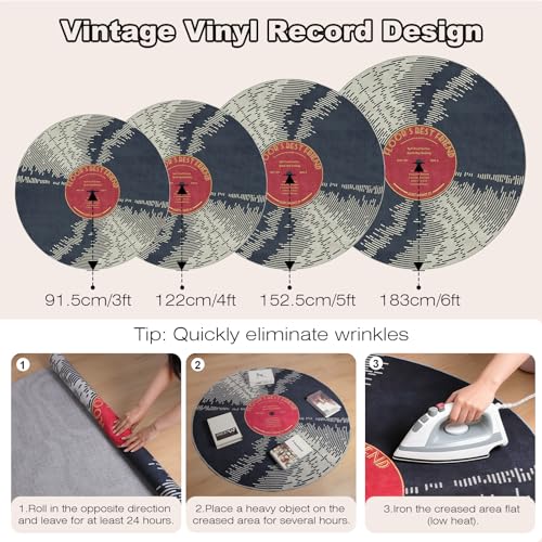 Vinyl Record 5ft Round Rug, Non-Slip Round Area Rug for Living Room, Bedroom, Dining Room Table, Large Circle Area Rugs, Soft Circle Rugs for Home Decor Aesthetic, Low-Pile&Waterproof Alfombra Redonda - size: 5' (Round)