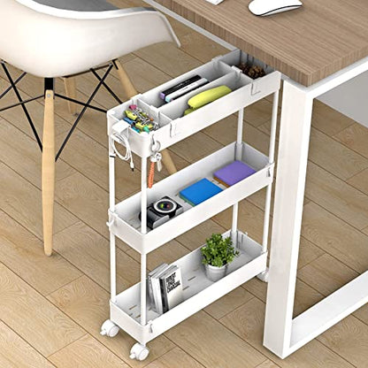 Slim Storage Cart 3 Tier,Bathroom Organizer Rolling Utility, Mobile Shelving Unit Slide Out for Office, Kitchen, Laundry Room & Narrow Places,White - color: White