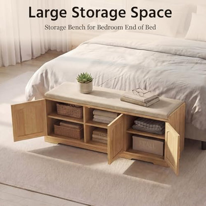 39.4" Shoe Storage Bench with Seating Cushion, Fluted 2-Tier Entryway Bench with 3 Doors & Adjustable Shelves, Shoe Cabinet Bench for Entryway, Hallway, Bedroom and Living Room - color: Natural