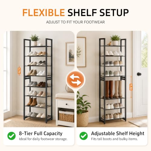 Stackable Shoe Rack, 8-Tier Metal Organizer Holds up to 16 Pairs, Tall Narrow Shoe Storage for Small Space Closet Hallway, Black - size: 8 Tier