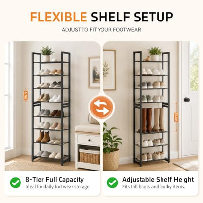 Stackable Shoe Rack, 8-Tier Metal Organizer Holds up to 16 Pairs, Tall Narrow Shoe Storage for Small Space Closet Hallway, Black - size: 8 Tier