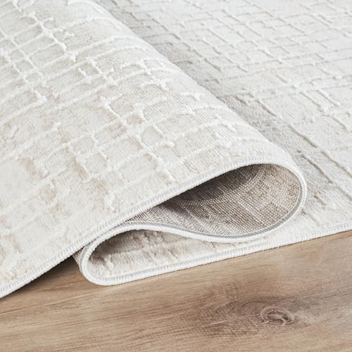 Abani Beige Area Rug - 2'6" x 6' Area Rugs for Bedroom - Vera Collection Geometric Grid Pattern - Non-Shedding, Easy to Clean Durable Rugs for Living Room, Bedroom or Office, Pet & Child Friendly - size: 2'6" x 6' (Rectangular)