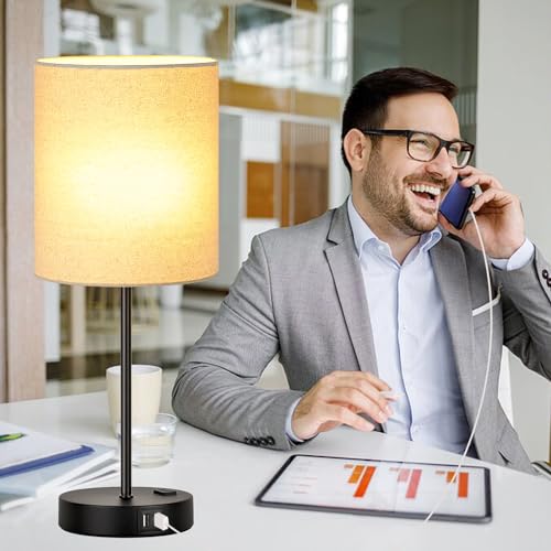 Lynnoland Set of 2 Touch Beige Table Lamps with 2 USB Ports & AC Outlet, 3-Way Dimmable Bedside Nightstand Lamps for Living Room Nursery Office Bedroom, 800 Lumens 2700K Warm Bulbs Included - color: (2 Pack)Beige Linen & Matte Black(Base)-2700K Bulbs Incl