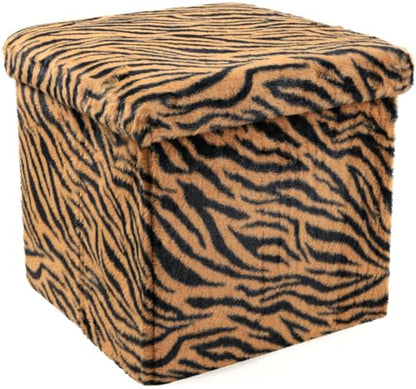 Luxe Faux Fur Storage Ottoman, Tiger Tan/White, 15 x 15 x 15 in | Engineered Wood, Tool-Free Assembly, Modern Style, Seat And Footrest - color: Tiger Tan/White, size: 15"D x 15"W x 15"H