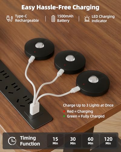 Rechargeable Puck Lights with Remote Control, 1500mAh Battery Operated Tap Lights, Dimmer & Timer Under Cabinet, Wireless LED Stick-On for Closet, Bedroom, Kitchen - Black 12Pcs - color: Black