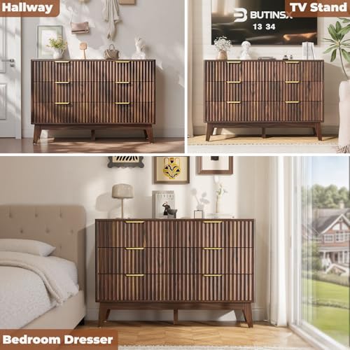 6-Drawer Dresser Fluted Drawers, Mid-Century, Walnut | 47.2"W x 15.4"D x 32.3"H, 130 lbs top / 40 lbs per drawer (7.7"H), 6 fluted drawers, gold handles, anti-tip straps - size: 15.4"D x 47.2"W x 32.3"H (6 Drawers)