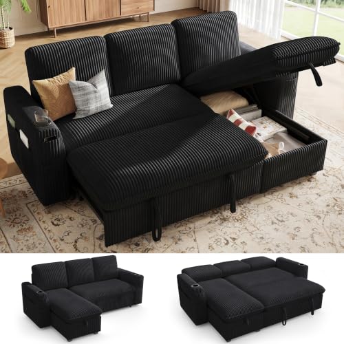 Sectional Sleeper Sofa with Pull Out Bed, Plush Corduroy Sectional Sofa with Storage Chaise and Adjustable Backrest, Cloud Sectional Couches for Living Room, Apartment, Black - color: Black, size: 82" L Shape (3-Seat)