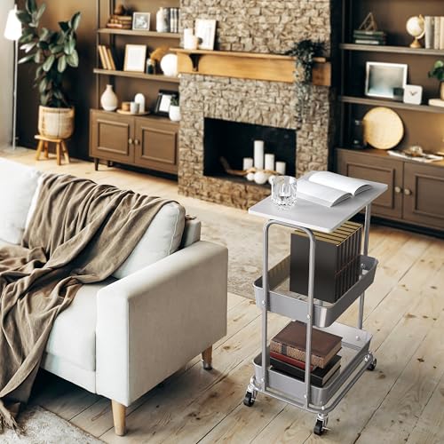 Simple Houseware 2-Tier Rolling Utility Cart Wood Top/Lockable Wheel, White | Metal Storage Organizer Trolley for Kitchen, Bathroom, Office, Craft Room - color: White