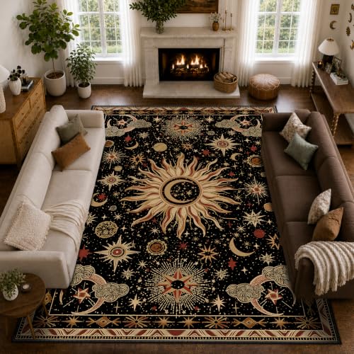 Vacuum-Friendly, 10x14 Washable Area Rug, Black Gold Beige Red | Sun and Moon Boho Gothic Non-Slip Low Pile Living Roon Bedroom Dining Room Kitchen Entry Entryway Entrance Hallway Doormat - color: Black/Gold/Beige/Red, size: 10' x 14' (Rectangular)