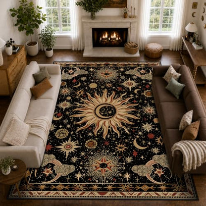 Vacuum-Friendly, 10x14 Washable Area Rug, Black Gold Beige Red | Sun and Moon Boho Gothic Non-Slip Low Pile Living Roon Bedroom Dining Room Kitchen Entry Entryway Entrance Hallway Doormat - color: Black/Gold/Beige/Red, size: 10' x 14' (Rectangular)