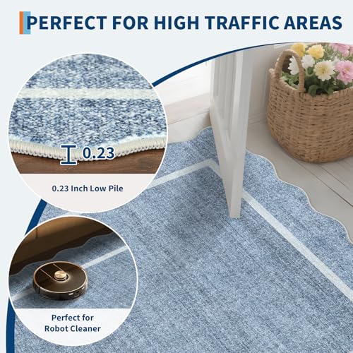 GarveeHome Scalloped Washable Round Rugs Non-Slip Soft Round Rug 4ft, Blue | Ultra-Thin Small Boho Circle Stain Resistant Low Pile Carpet for Entryway Kitchen Bedroom Nursery Bathroom - color: Blue, size: 4' (Round)
