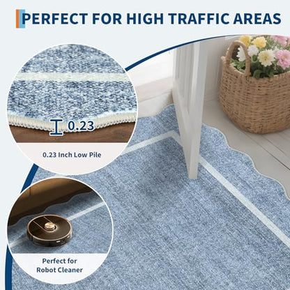 GarveeHome Scalloped Washable Round Rugs Non-Slip Soft Round Rug 4ft, Blue | Ultra-Thin Small Boho Circle Stain Resistant Low Pile Carpet for Entryway Kitchen Bedroom Nursery Bathroom - color: Blue, size: 4' (Round)