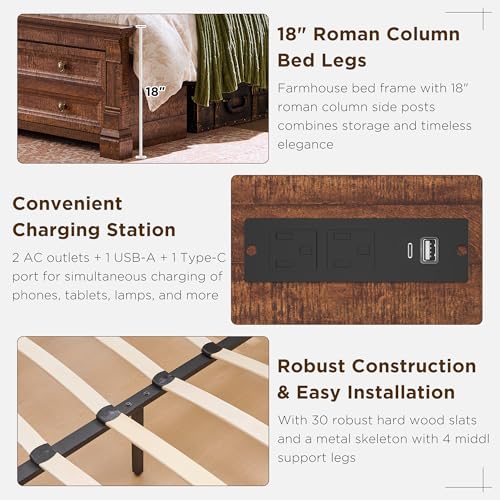 Farmhouse King Size Bed Frame, 2 Drawers & 4 Bookcases On The 54" Headboard | 2 Large Footboard Drawers, Wood Platform Bed Frame with 18" Tall Roman Column, No Box Spring Needed(Reclaimed Barnwood) - color: Reclaimed Barnwood, size: King(U.S.Standard)