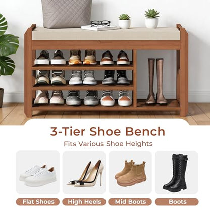 39.4" Bamboo Shoe Bench with Cushion, 6 Hooks Coat Rack, 3-Tier Adjustable Storage Bench for Entryway, Heavy Duty Shoe Rack Organizer with Removable Soft Cushion for Living Room Bedroom Hallway - size: 39.4"