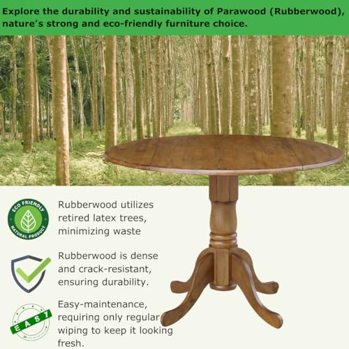42" Round Dual Drop Leaf Pedestal Dining Table Solid Wood, Easy Assembly, Sturdy Parawood, Kitchen/Dining Room, 29.5"H x 42"W x 42"D, 20mm Thickness Top, Includes Two 9" Drop Leaves - color: Pecan