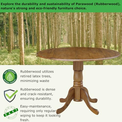 42" Round Dual Drop Leaf Pedestal Dining Table Solid Wood, Easy Assembly, Sturdy Parawood, Kitchen/Dining Room, 29.5"H x 42"W x 42"D, 20mm Thickness Top, Includes Two 9" Drop Leaves - color: Pecan