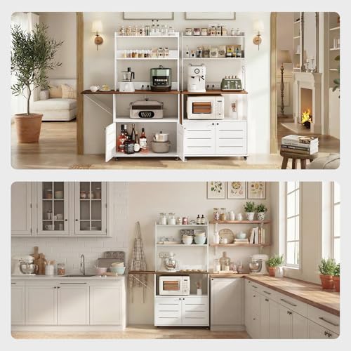 Bakers Rack with Power Outlet and Storage, 5-Tier Microwave Stand | Farmhouse Kitchen Hutch with Cabinet and Wheels, Coffee Bar with Foldable Side Table, Storage Shelves, 6 Hooks, White - color: White