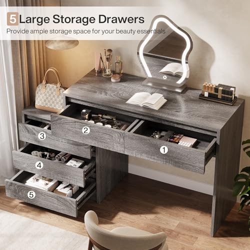 Tribesigns 63" Vanity Desk with 5 Drawers, Makeup Table with 3-Drawer Cabinet, Modern Large Dressing Table for Women Girl, with Storage, Wooden Writing Desk for Bedroom/Home Office (Gray) - color: Grey