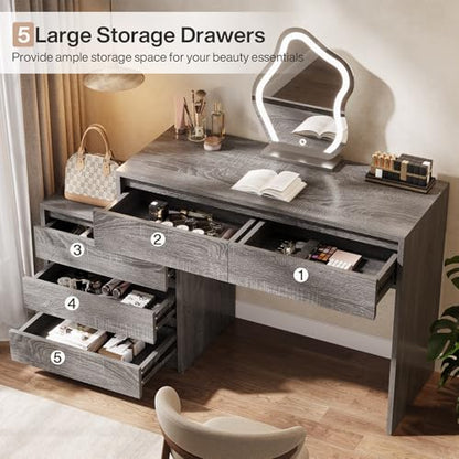 Tribesigns 63" Vanity Desk with 5 Drawers, Makeup Table with 3-Drawer Cabinet, Modern Large Dressing Table for Women Girl, with Storage, Wooden Writing Desk for Bedroom/Home Office (Gray) - color: Grey