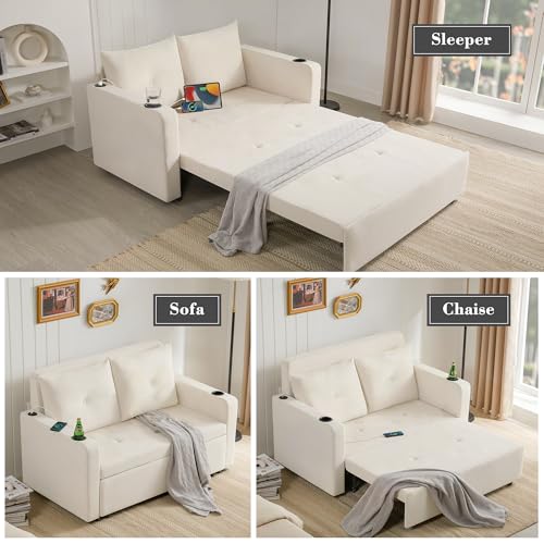 Krcix 3 in 1 Pull Out Couch, 56" Velvet Sofa Bed, Convertible Sleeper Sofa | Loveseat Sleeper for Living Room, Small Space-Saving, Family Couch Bed with USB, Cup Holder, Beige White - color: Beige White