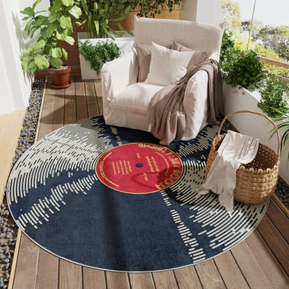 Vinyl Record 5ft Round Rug, Non-Slip Round Area Rug for Living Room, Bedroom, Dining Room Table, Large Circle Area Rugs, Soft Circle Rugs for Home Decor Aesthetic, Low-Pile&Waterproof Alfombra Redonda - size: 5' (Round)