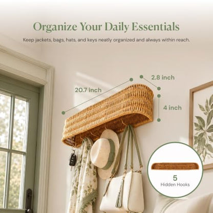 Rattan Coat Rack Wall Mount with Shelf, Hidden Hooks | 5 Hidden Hooks for Coats, Bags & Towels, Japandi Scandinavian Style
