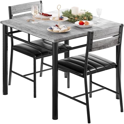 IRONCK Dining Table Set for 2, Gray | Small Kitchen Table with Upholstered Chairs, Compact Dining Set for Small Spaces, Kitchen & Dining Room - color: Grey