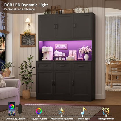 HOSTACK Kitchen Pantry Storage Cabinet, Tall Kitchen Hutch Cabinet, Black | 47"W Food Pantry Cabinet with Smart LED / Charging Station / Countertop / 3 Large Drawers, 72"H Storage Hutch, Dining Room - color: Black