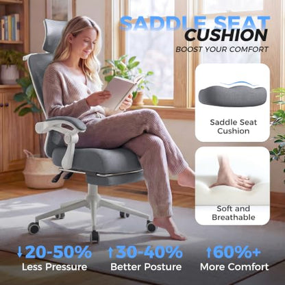 CYKOV Ergonomic Office Chair, Reclining, Footrest, Adjustable Lumbar, 350LB | 4-Way Headrest (4.72" + 60°), 2-Way Lumbar (2" + 1.18"), 90-135° Recline, Breathable Mesh, Gaming & Office, 5-Year Warranty - color: W-dgrey