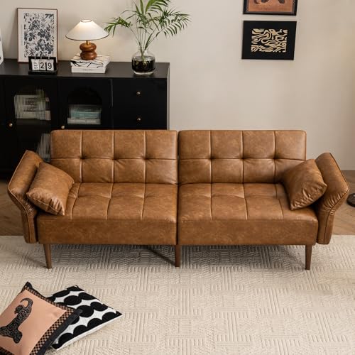 HALLYBEE 85" Futon Faux Leather Couch with Adjustable Armrests Brown | Futon Sofa Bed, Sleeper Sofa, Small Couch with Pillows, Side Pockets, Mid Century Modern, Living Room, Bedroom, Apartment - color: Brown