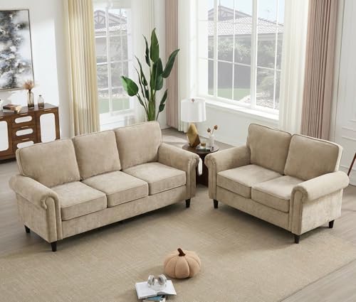 Loveseat 2 & 3 Seater Couch with Chair, Mid Century Modern Chenille Sofa Set with Rolled Arms and Deep Seats, Fluffy Comfort for Living Room, Apartment, Easy Assembly, Khaki - color: Khaki, size: Chenille Standard + Loveseat