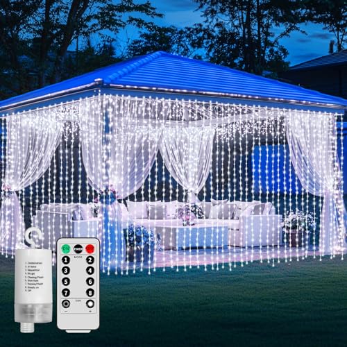 Curtain Lights Battery Powered 10*10Ft 300LED Waterproof Waterfall Light with 8 Modes Remote Dimmable Timer Memory Twinkle Fairy String Lights for Indoor Outdoor Gazebo Wedding Party Pergola Christmas - color: Cool white 300LED