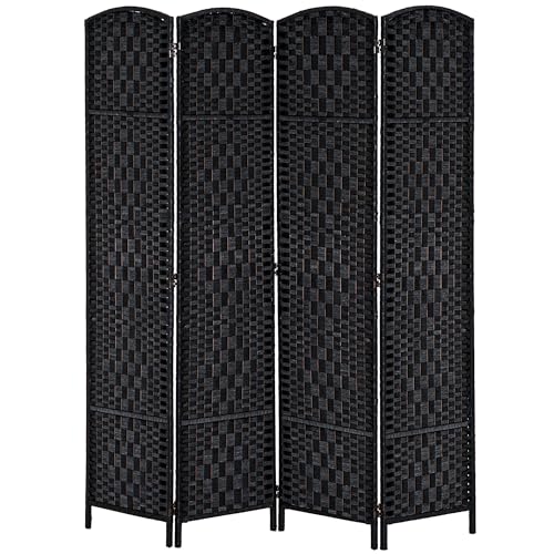 Folding Room Divider, 6Ft Tall Privacy Screen, Hand-Woven Wicker Style Freestanding Wall Partition for Home Office Bedroom, No Assembly Required - color: Black, size: 4 Panel