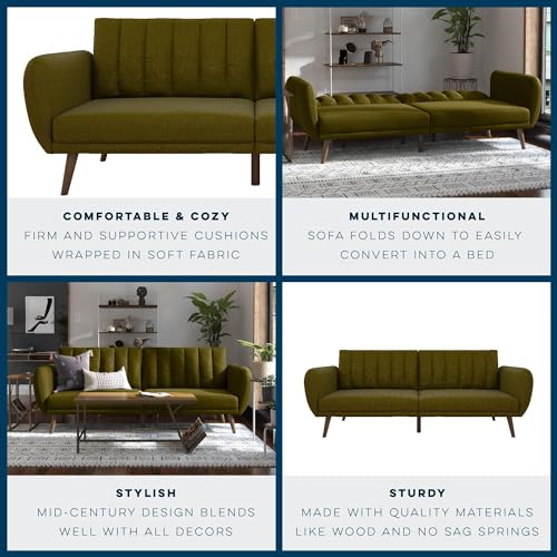 Novogratz Brittany 82 Inch Futon Sofa Bed in Faux Leather, Upholstered Couch Sleeper with Tufted Back, Mid-Century Modern Design, Green - color: Green