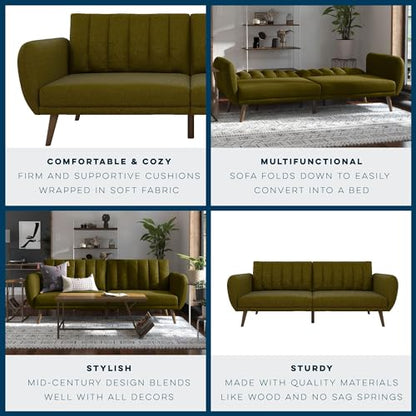Novogratz Brittany 82 Inch Futon Sofa Bed in Faux Leather, Upholstered Couch Sleeper with Tufted Back, Mid-Century Modern Design, Green - color: Green