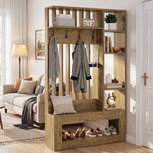 Tribesigns Wall Room Divider with Shelves and Coat Hooks, 5-in-1 Divider | Entryway Bench with Coat Rack, 4 Hooks, Freestanding Room Partition for Home & Office, Brown (39.37" W x 11.8" D x 70.87" H)