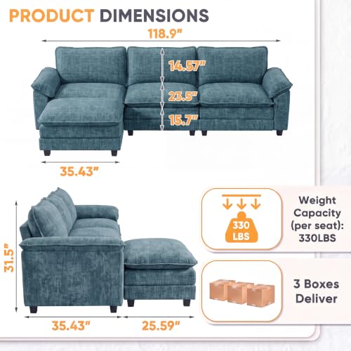 Homall 118.9" L Shaped Cloud Couch, Modular Sectional Sofa for Living Room | Comfy Chenille, Movable Ottoman, 3 Seat, Double Layer Cushion, Sturdy Frame, High-Density Foam, Easy Assembly, Dark Blue - color: Dark Blue, size: L Shaped Sofa