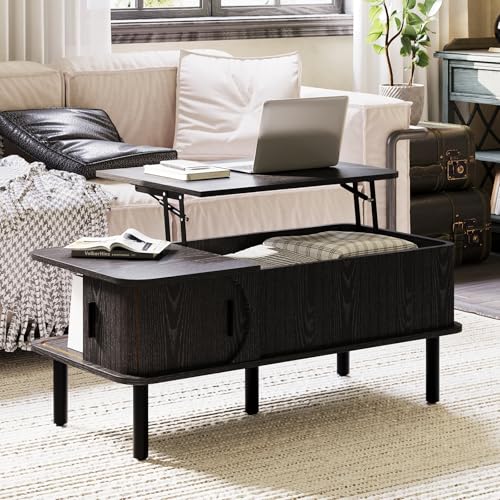 Lift Top Coffee Table,Wooden Rectangle Coffee Table with Hidden Storage Space,Metal Handles,Metal Legs,Mid Century Modern Style,Suitable for Living Room,Office,Apartment. (A-Lift Coffee Table-Black) - color: A-lift Coffee Table-black