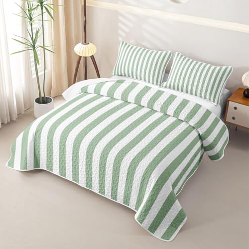 Green White Stripes All Season Quilt Set Full,Striped Quilted Coverlet for Kids Adults,Classic Vertical Stripe Lightweight All Seasons Bedding,Modern Geometric Minimalist 3Pcs with 2 Pillow Shams - color: Green White Stripes, size: Full