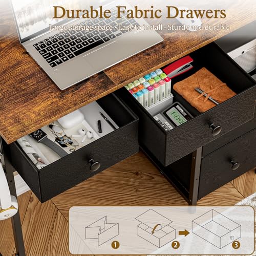 3IngSeagulls Small Computer Desk with 4 Fabric Drawers, Simple Writing Desk for Home Office, Compact Study Desks for Small Spaces, Kids Desk Study for Bedroom, Rustic Brown - color: Rustic Brown