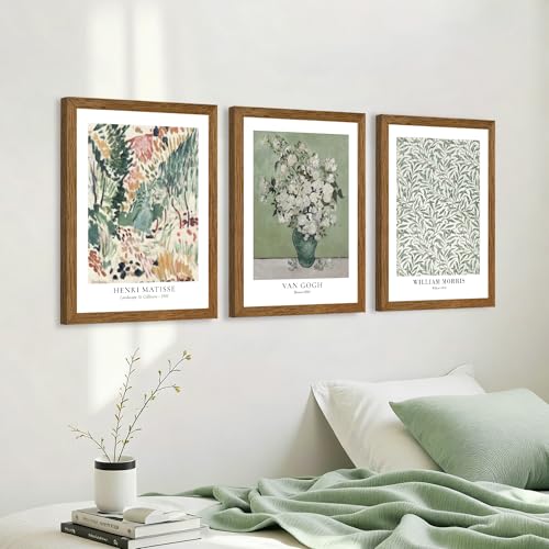 JLTULT Matisse Wall Art Set of 3, Solid Wood Framed Canvas, 16 x 24 Inches | Sage botanical prints by Matisse, Van Gogh and William Morris on fade-resistant canvas with ready-to-hang solid wood frames - color: Matisse, size: 24"L x 16"W