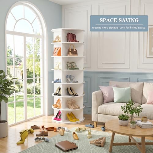 Cushore Rotating Shoe Rack Tower, Spinning Shoe Display Lazy Susan, Revolving 360 Shoe Storage Round Carousel, Shoe Purse Hat Organizer for Entryway, Closet, Cabinet, White - size: 23.5Inch